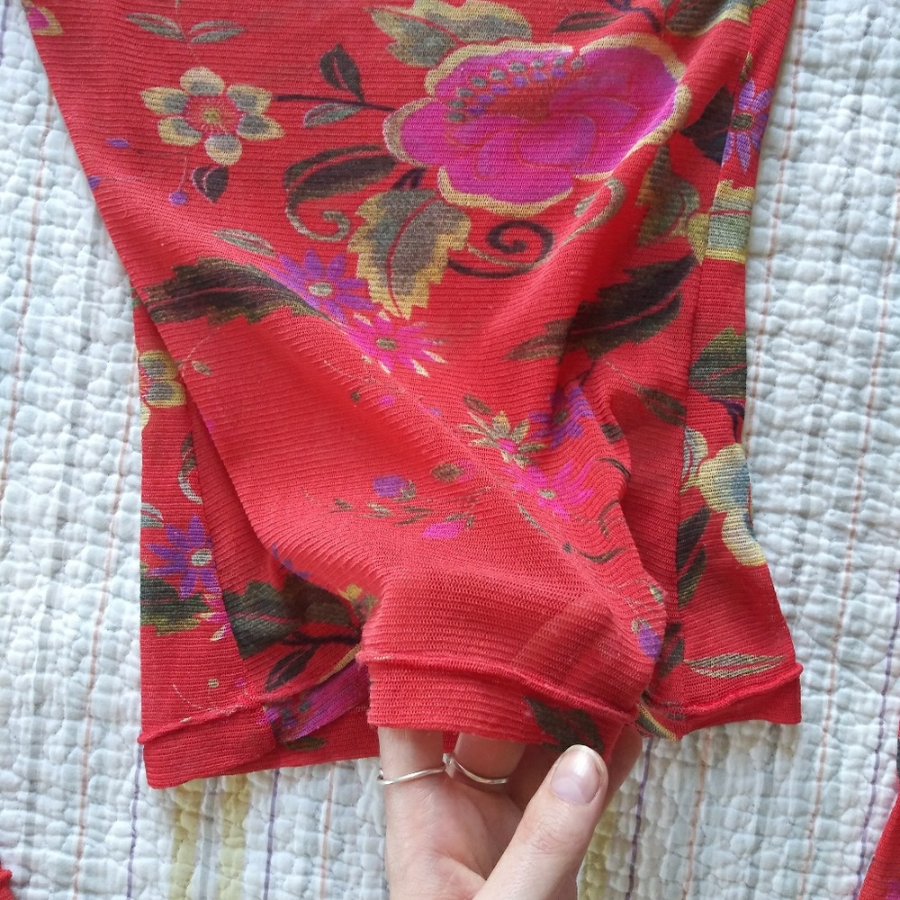 Vintage Vivienne Tam orange floral sheer mesh top